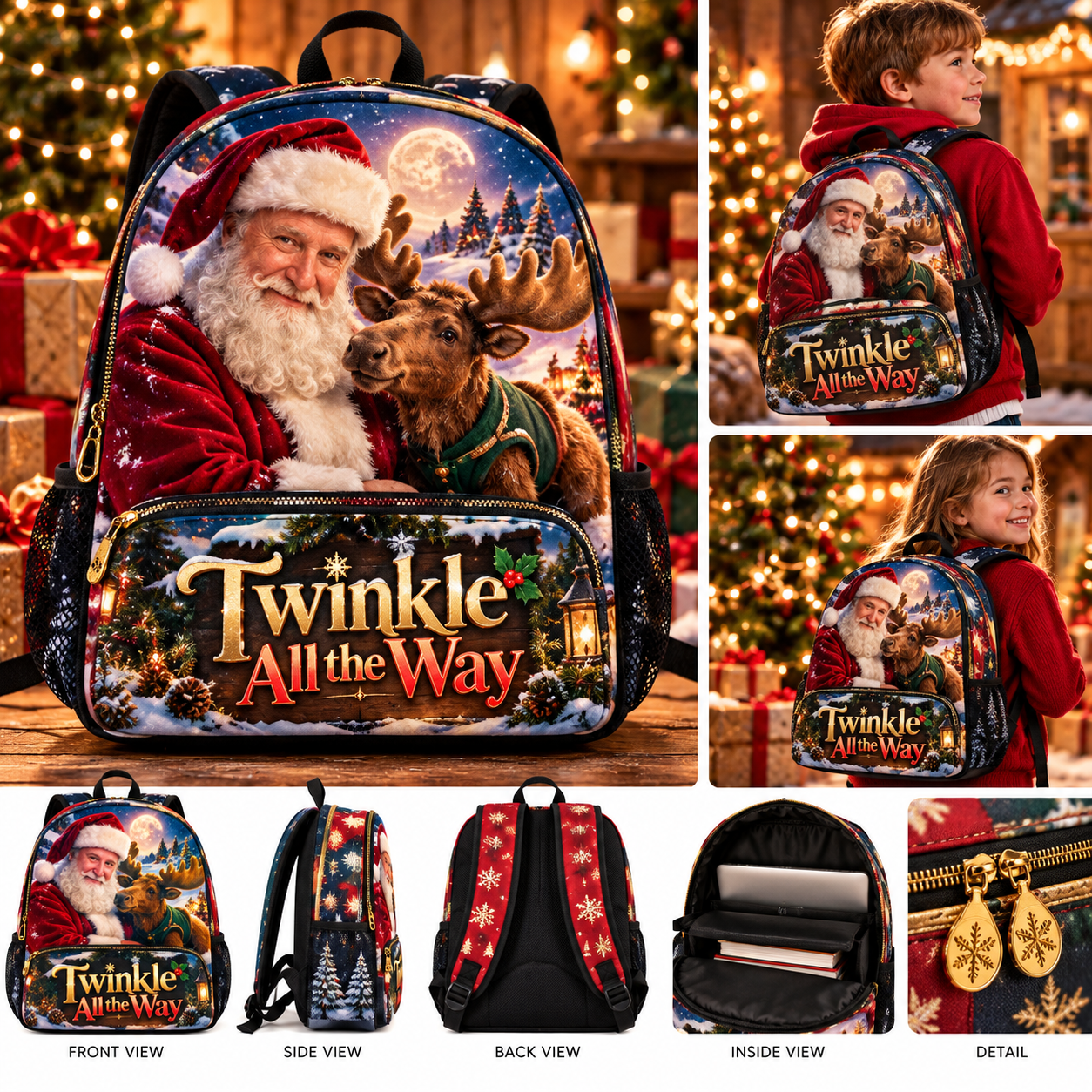Twinkle All the Way backpack with Santa and Twinkle the moose, shown from multiple angles