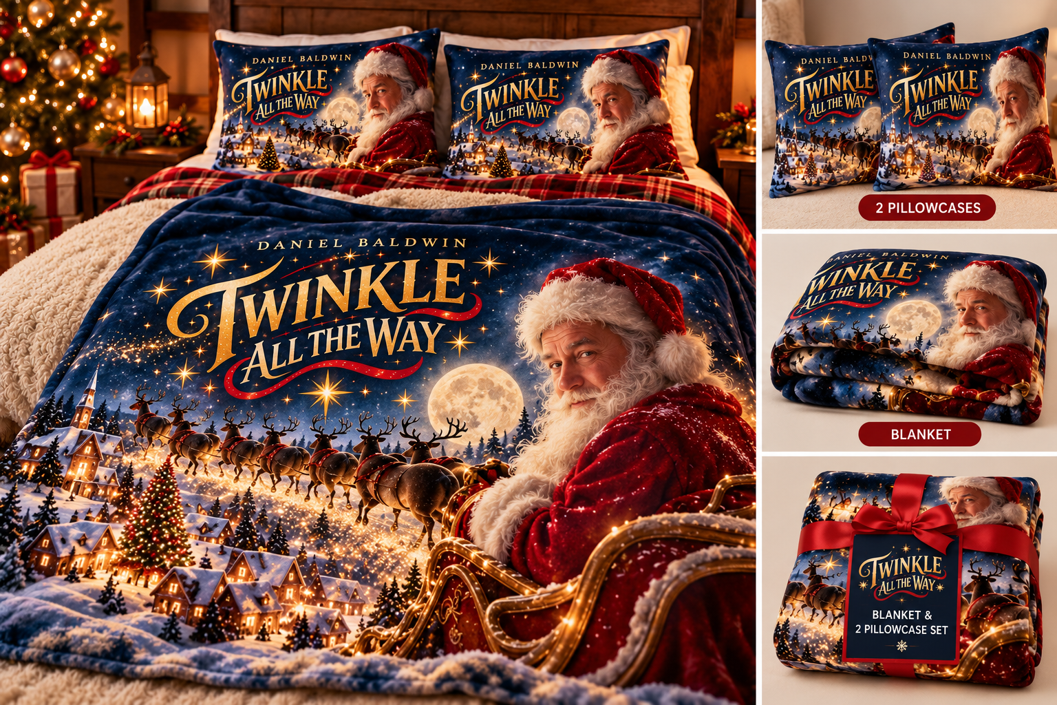 Twinkle All the Way blanket with two matching pillowcases featuring Santa