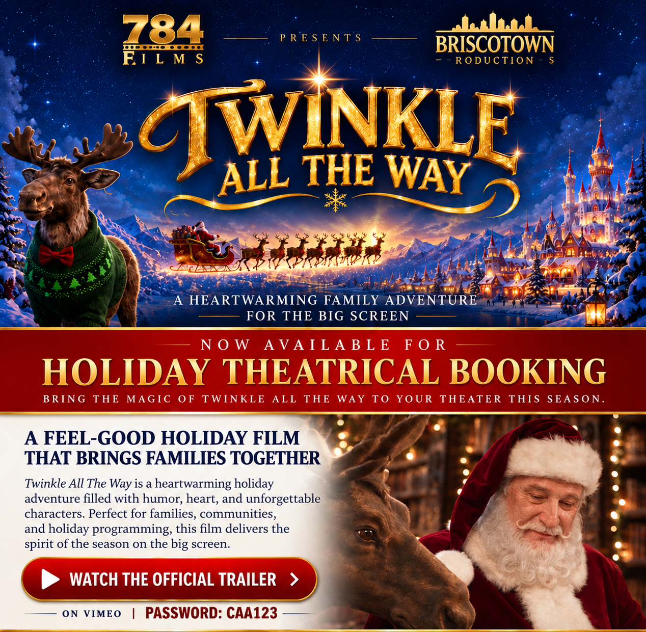 Twinkle All the Way holiday artwork featuring a reindeer, Santa's flying sleigh, and a snowy illuminated village
