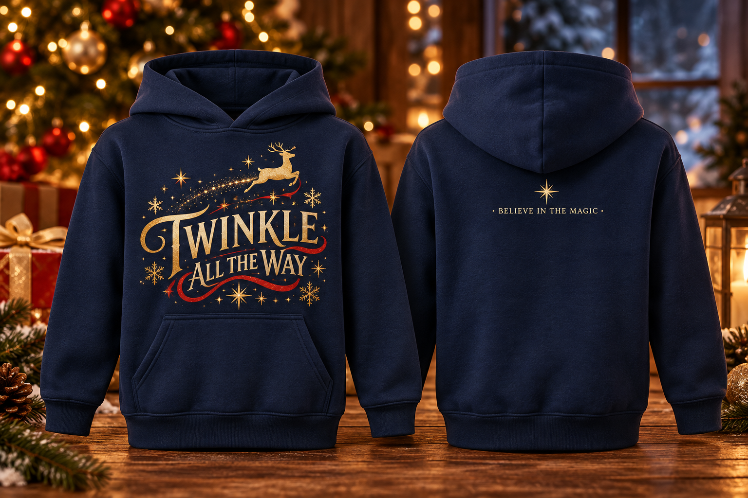 Front and back views of the navy Twinkle All the Way hoodie